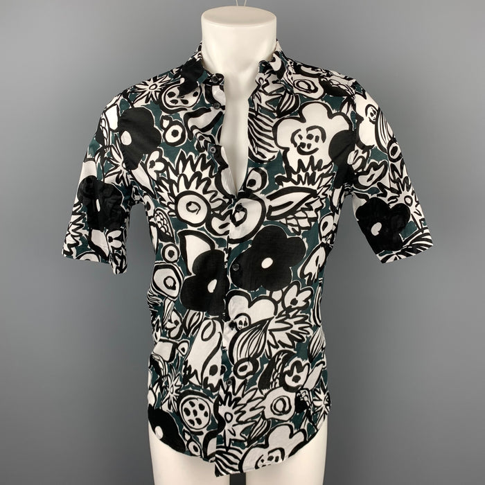 MARNI Size S White & Black Print Cotton Button Up Short Sleeve Shirt