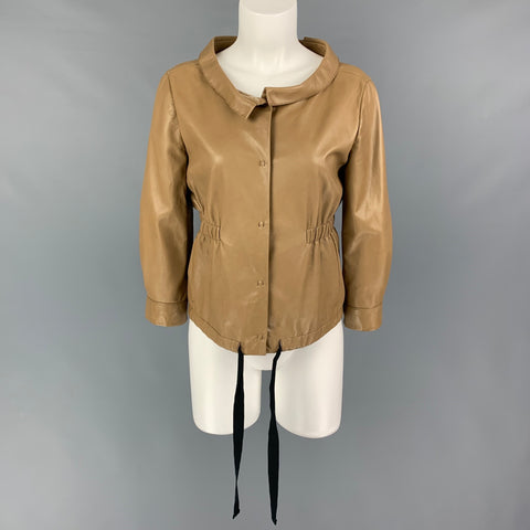 PRADA Size 4 Tan Leather 3/4 Sleeves Jacket