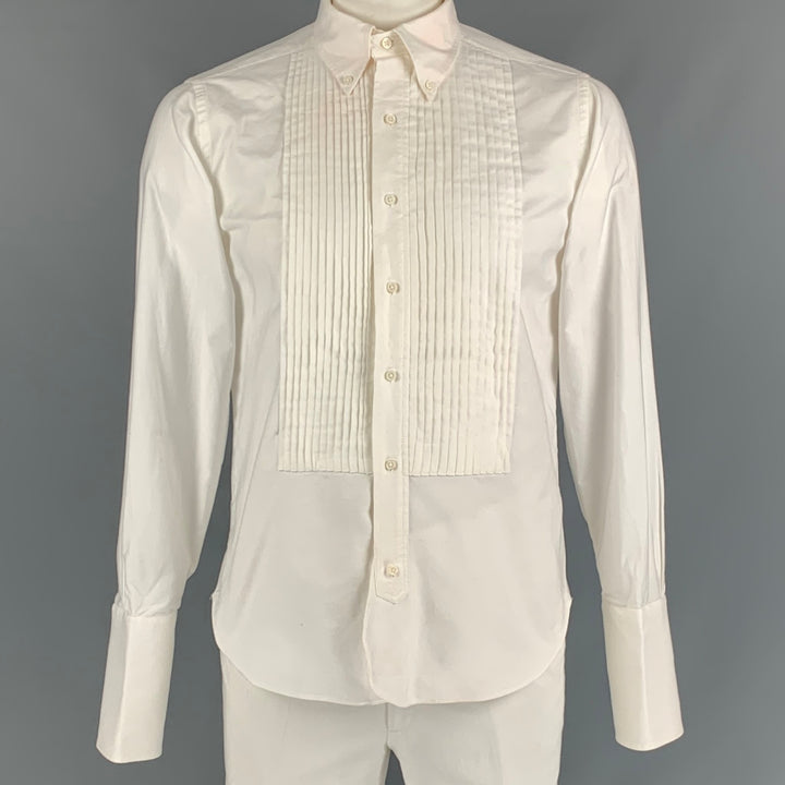 BROOKS BROTHERS Size L White Pleated Cotton Oxford Long Sleeve Shirt