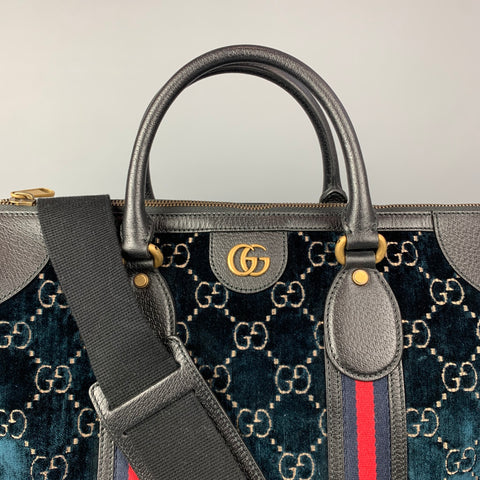 GUCCI Blue Black GG Monogram Velvet Duffle Medium Boston Bag