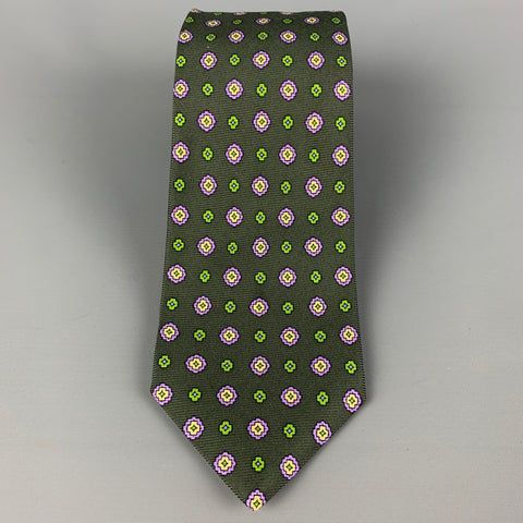 KITON Dark Green Purple Abstract Floral Silk Tie