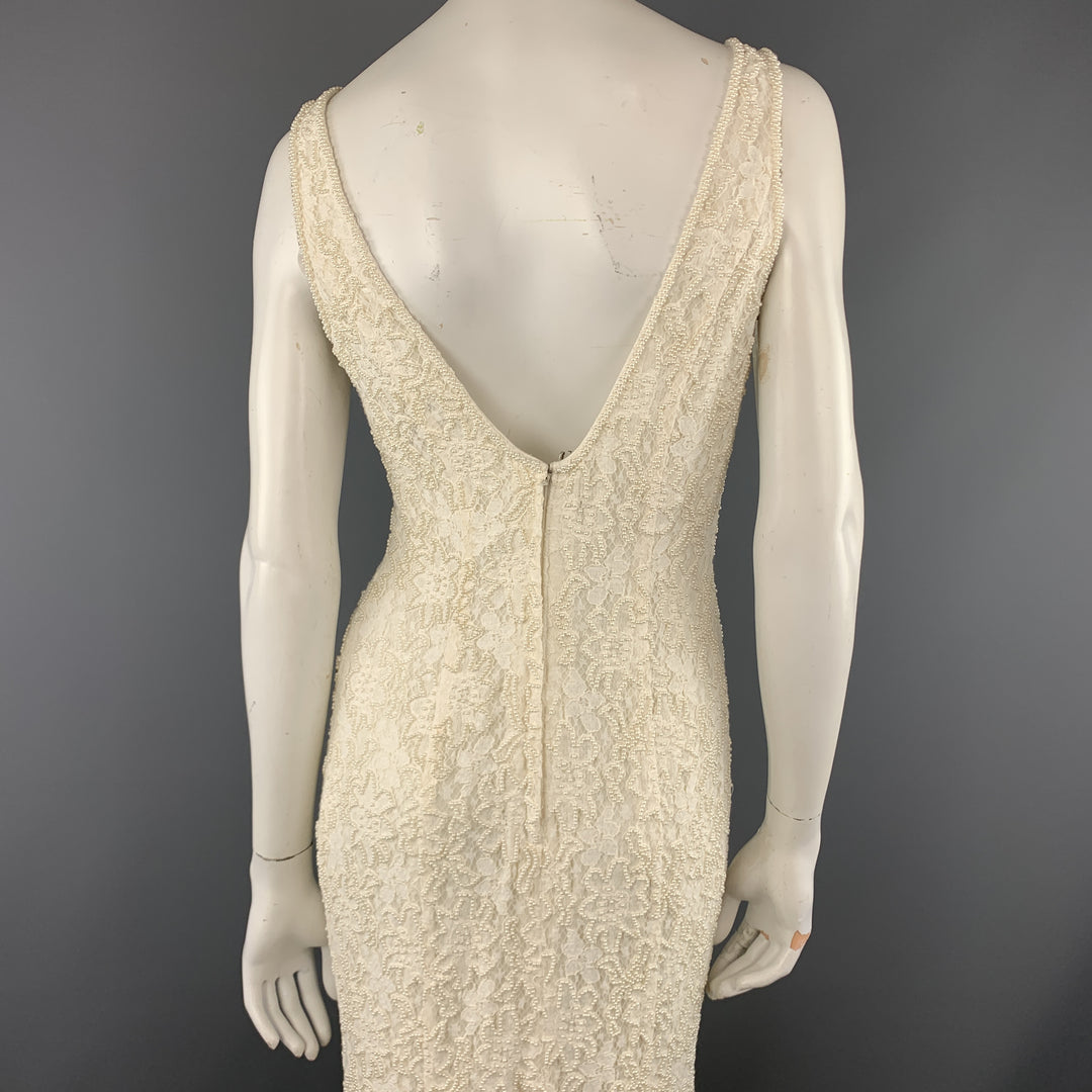 CARMEN MARC VALVO Size 4 Cream Beaded Lace Overlay Sleeveless Gown Sui Generis Designer Consignment CARMEN MARC VALVO Size 4 Cream Beaded Lace Overlay Sleeveless Gown Sui Generis Designer Consignment