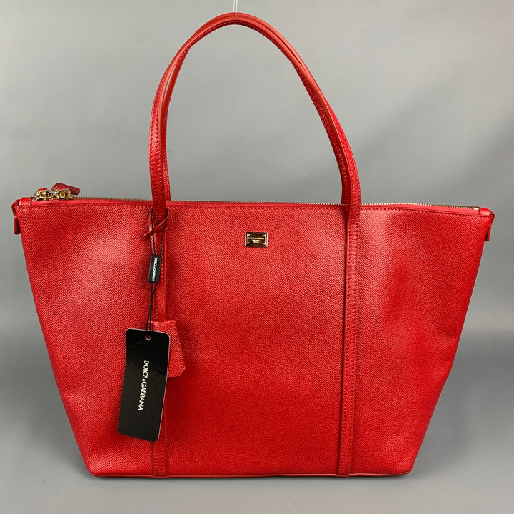 DOLCE & GABBANA Red Textured Leather Shopping Vitello Stampa Dauphi Tote