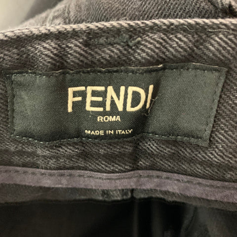 FENDI Size 33 Black White Logo Cotton Zip Fly Jeans
