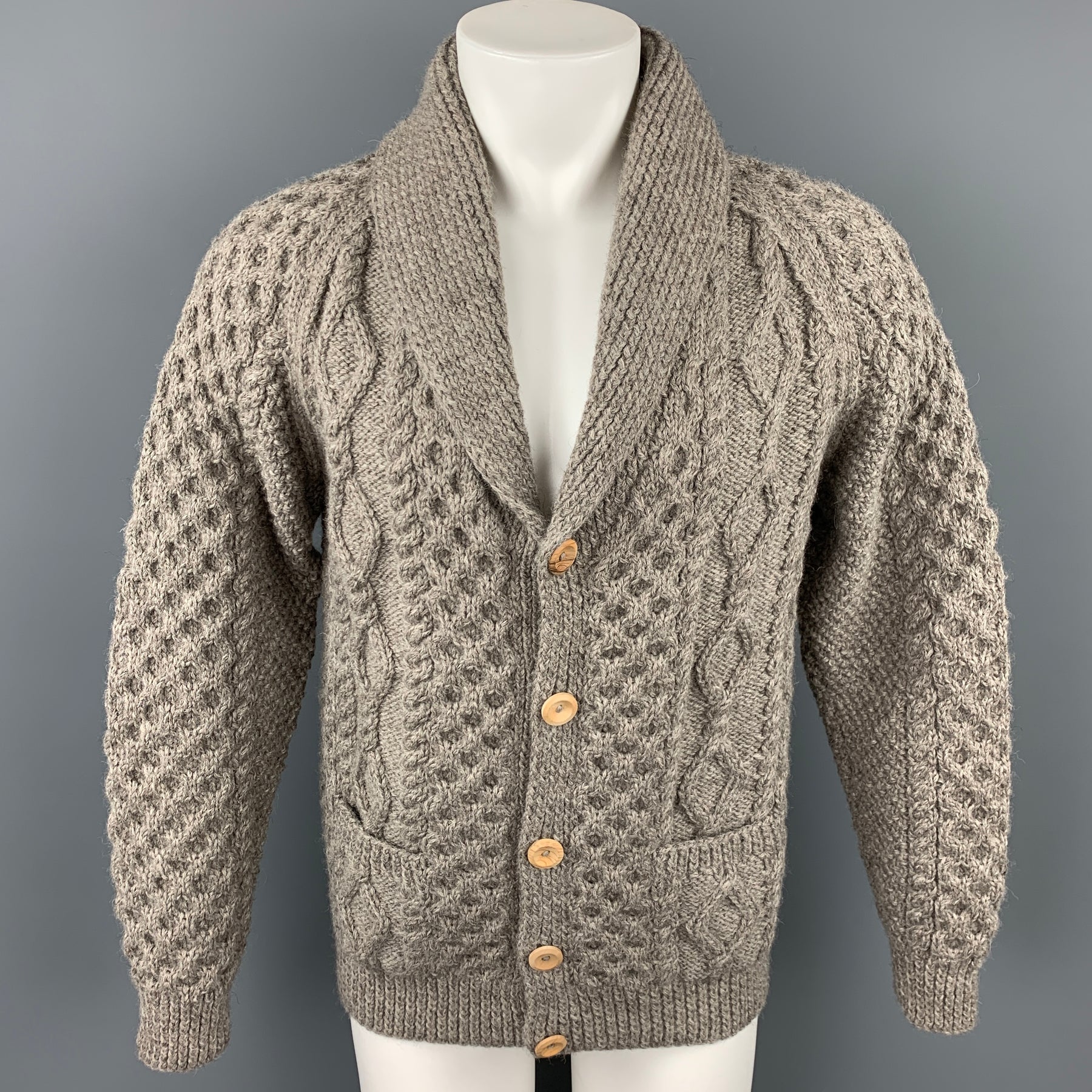 INVERALLAN Size L Grey Knit Wool Fisherman Cardigan