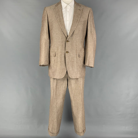 BRIONI for WILKES BASHFORD Size 42 Tan Light Blue Stripe Wool Linen Notch Lapel Suit