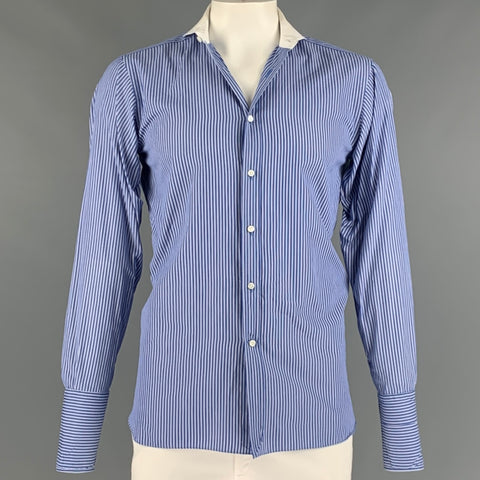 RALPH LAUREN Taille L Bleu Blanc Rayé Coton Français Manchette Chemise À Manches Longues