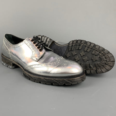 DOLCE & GABBANA Size 11 Silver Metallic Leather Wingtip Lace Up Shoes