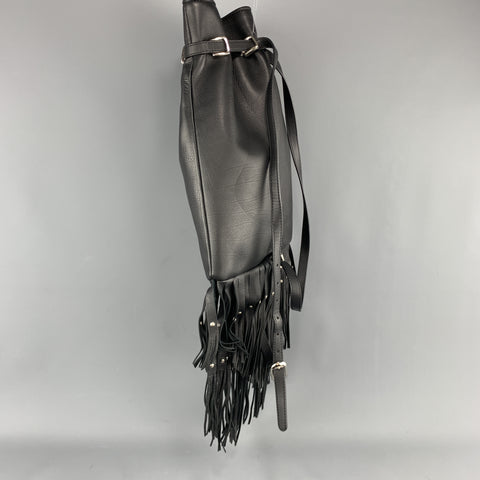 ROBERTO CAVALLI Black Leather Studded Fring Bucket Backpack