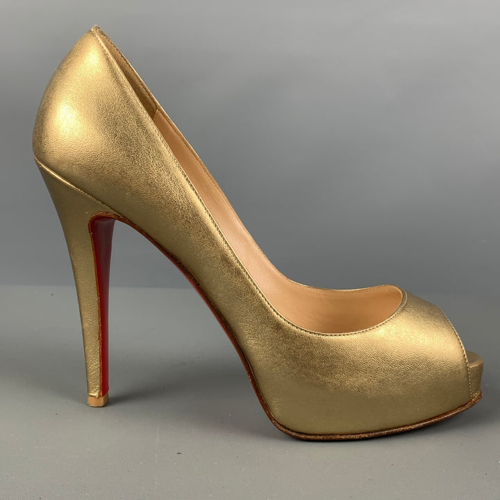 CHRISTIAN LOUBOUTIN Size 6.5 Gold Leather Peep Toe Pumps