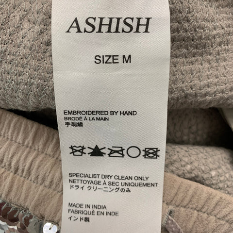 ASHISH Taille M Pantalon habillé en soie gris argenté à paillettes avec cordon de serrage