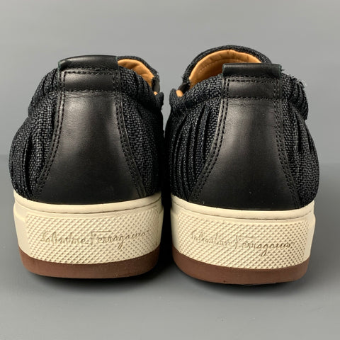 SALVATORE FERRAGAMO Size 10.5 Black White Wrinkled Canvas Slip On Loafers