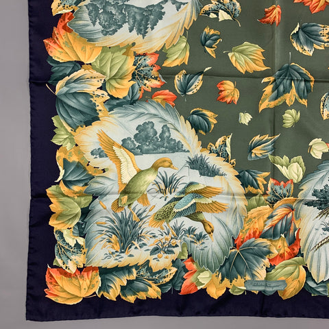 SALVATORE FERRAGAMO Navy Green Bird Print Silk Scarf