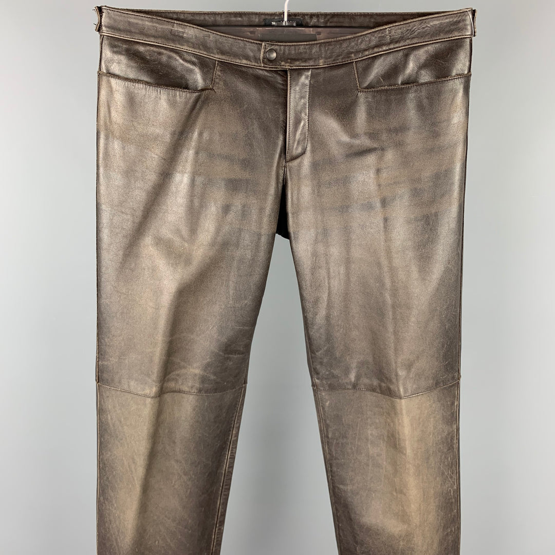 NEIL BARRETT Talla M Pantalones casuales de cuero desgastado marrón con bragueta y cremallera