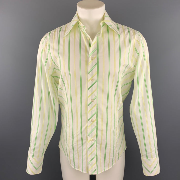 J. LINDEBERG Size M Green & White Stripe Cotton Button Up Long Sleeve Shirt