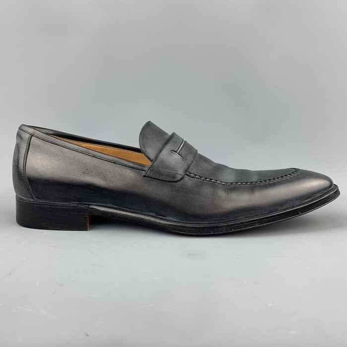 HERMES Size 12.5 Black Antique Leather Slip On Loafers