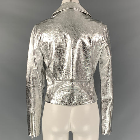VEDA Chaqueta biker metalizada de cuero plateado talla M