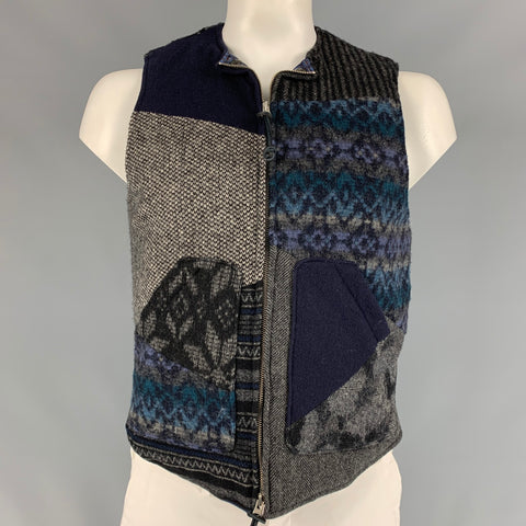 MONITALY Talla 42 Chaleco con cremallera de mezcla de lana de patchwork azul marino y gris