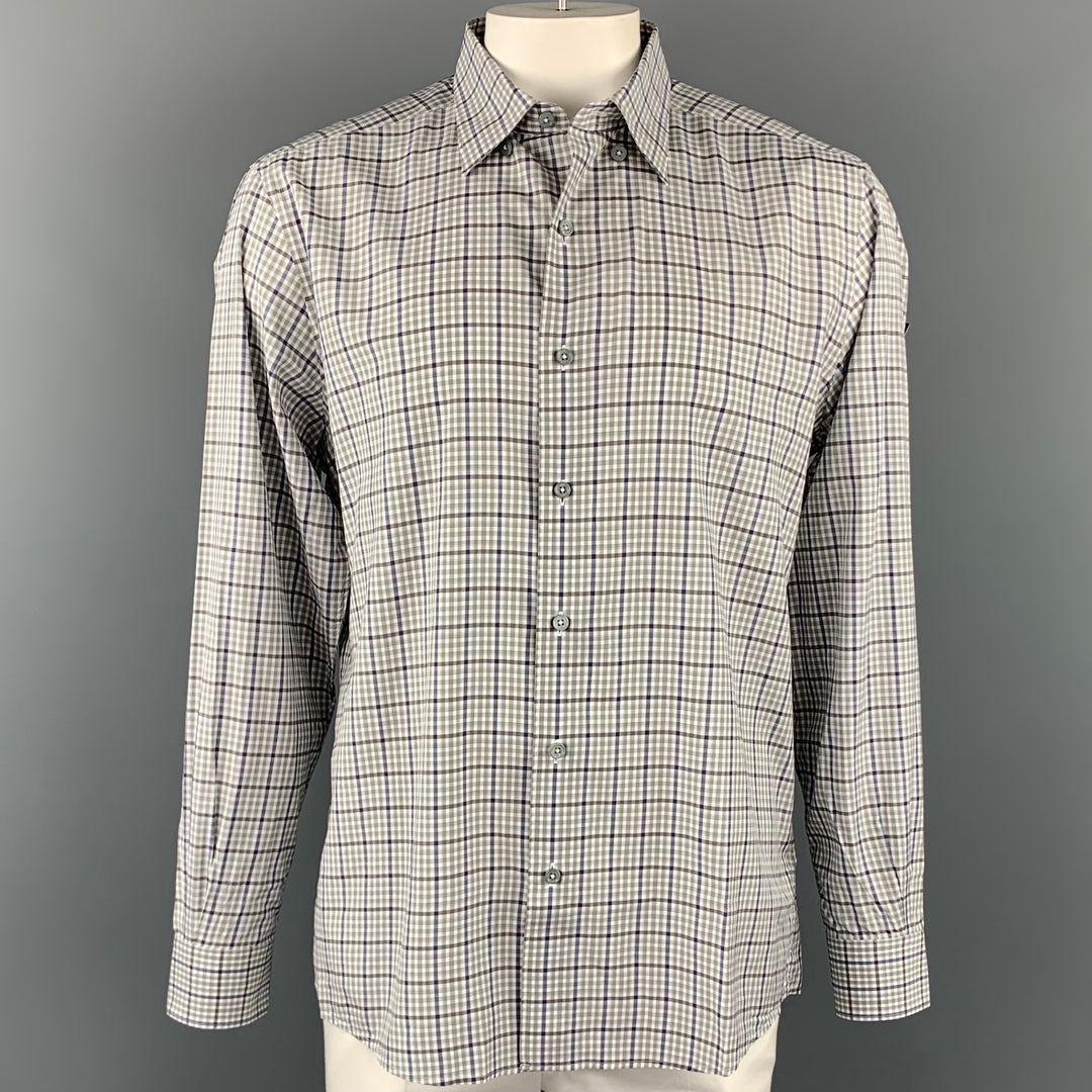 ERMENEGILDO ZEGNA Size XL White & Green Plaid Cotton Long Sleeve Shirt