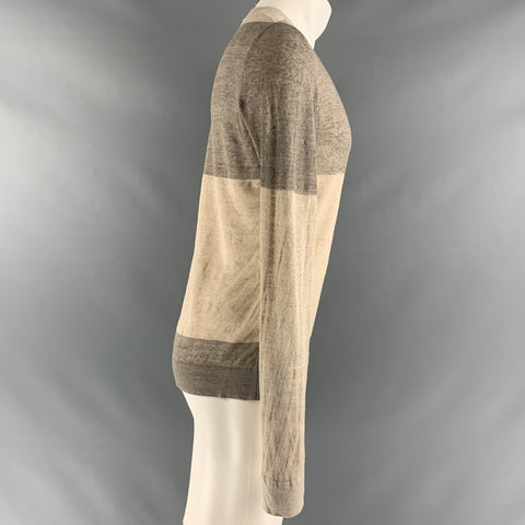 THEORY Size M Tan Stripe Linen Blend Crew-Neck Pullover
