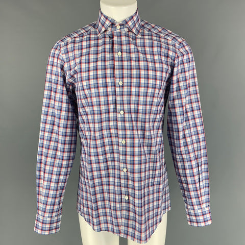 ERMENEGILDO ZEGNA Size M Blue, White &  Red Checkered Cotton Long Sleeve Shirt