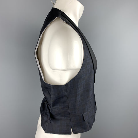 BAND OF OUTSIDERS Size 38 Black & Navy Plaid Silk Shawl Collar Vest