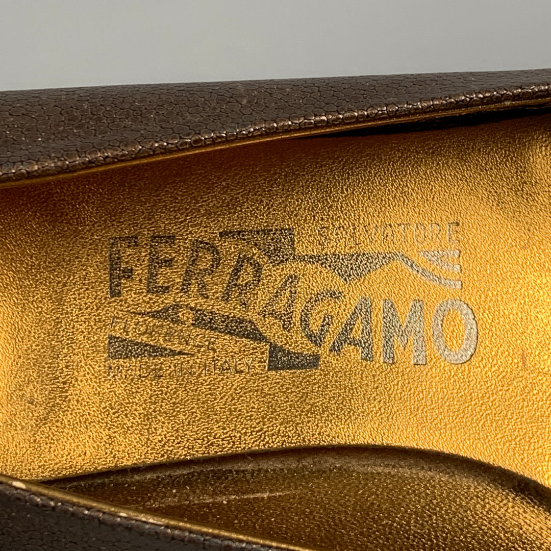 SALVATORE FERRAGAMO Size 7.5 Gold & Black Leather Silk Bow Flats