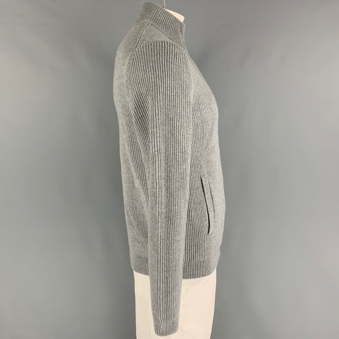 THEORY Size L Grey Ribbed Cashmere Wool Zip Up Cardigan