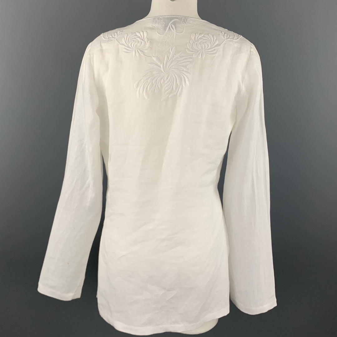 RALPH LAUREN Black Label Size 8 White Embroidered Linen Tunic Blouse