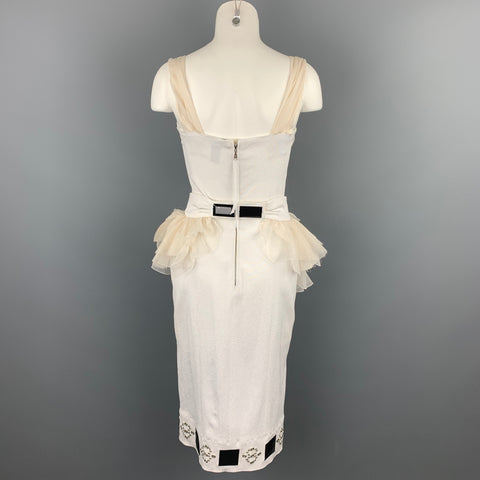 LOUIS VUITTON Size 6 White & Beige Ruched Bust Ruffled Belt Cocktail Dress