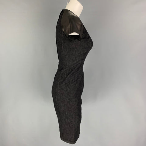 RALPH LAUREN Black Label Talla 2 Vestido de manga corta de piel de cordero de tejidos mixtos negros