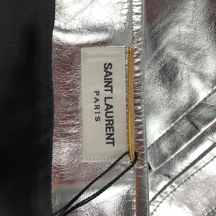 SAINT LAURENT 2022 Size 4 Silver Leather High Waist Mini Skirt
