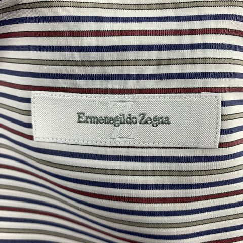 ERMENEGILDO ZEGNA Size XL White &  Blue Stripe Cotton Long Sleeve Shirt