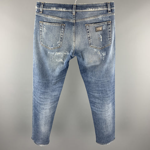 DOLCE & GABBANA Size 32 Blue Distressed Denim Zip Fly Jeans