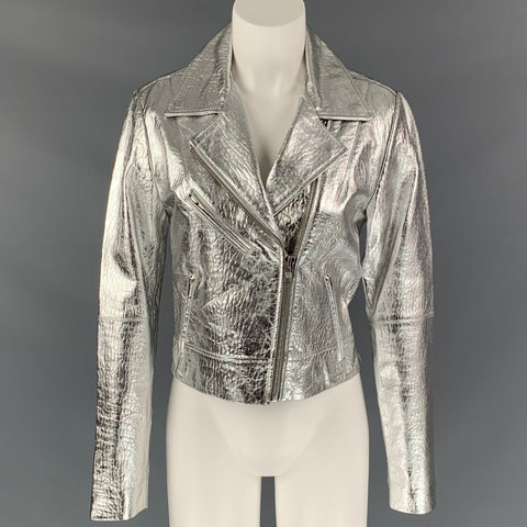 VEDA Chaqueta biker metalizada de cuero plateado talla M