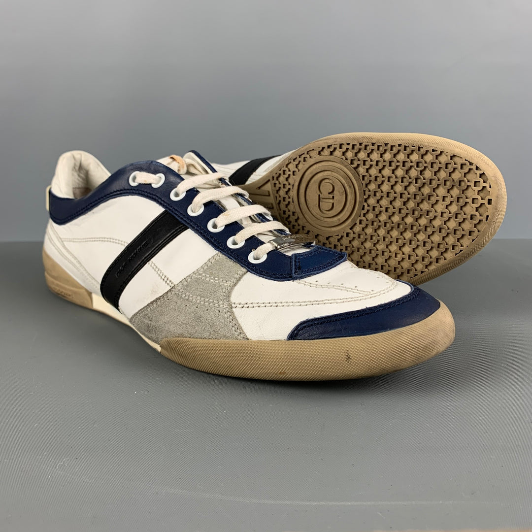 DIOR HOMME Talla 11 Zapatillas deportivas con cordones de cuero con materiales mixtos, color blanco y azul marino