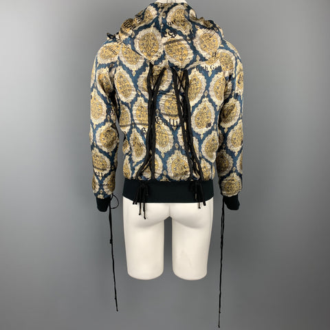 JOHN GALLIANO Size 36 Gold & Teal Newspaper Print Silk Bomber Jacket