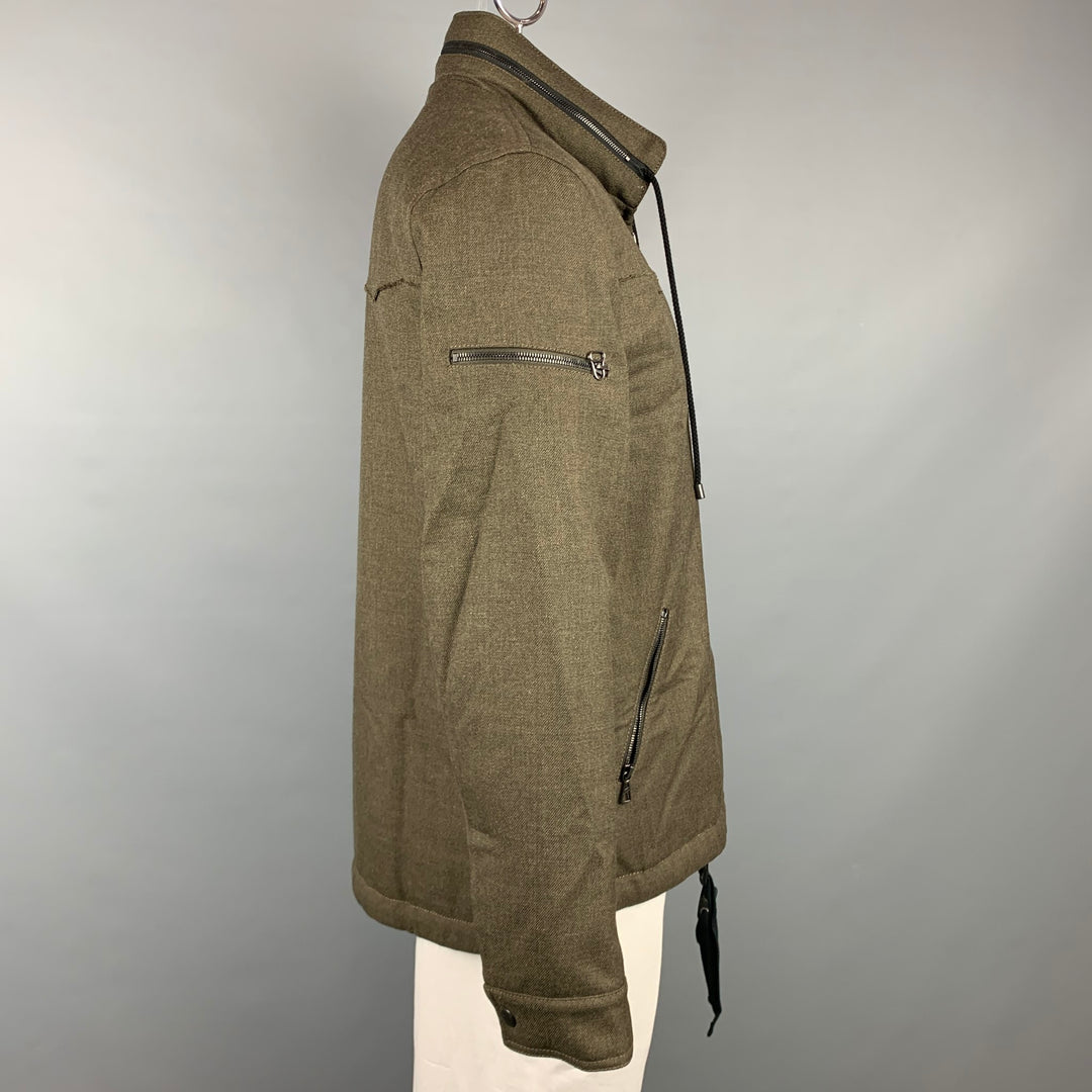 LANVIN Size 42 Olive Wool Zip Up Hooded Zip Up Jacket