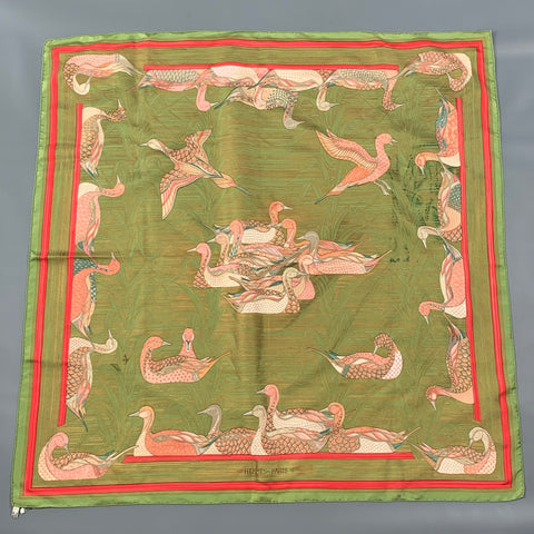 HERMES LA MARE AUX CANARDS Green Pink Print Silk Scarf