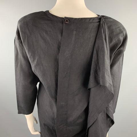 SHAMASK Size L Black Linen Long Panel V-Neck Dress