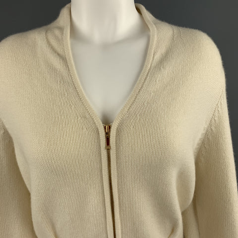 ESCADA Taille M Crème CachemireV Col Câble Tricot Panneau Zip Cardigan