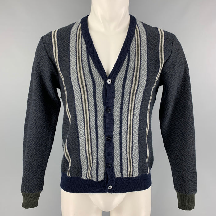 ETRO Size L Grey Blue Zig Zag Wool Cashmere V-Neck Cardigan
