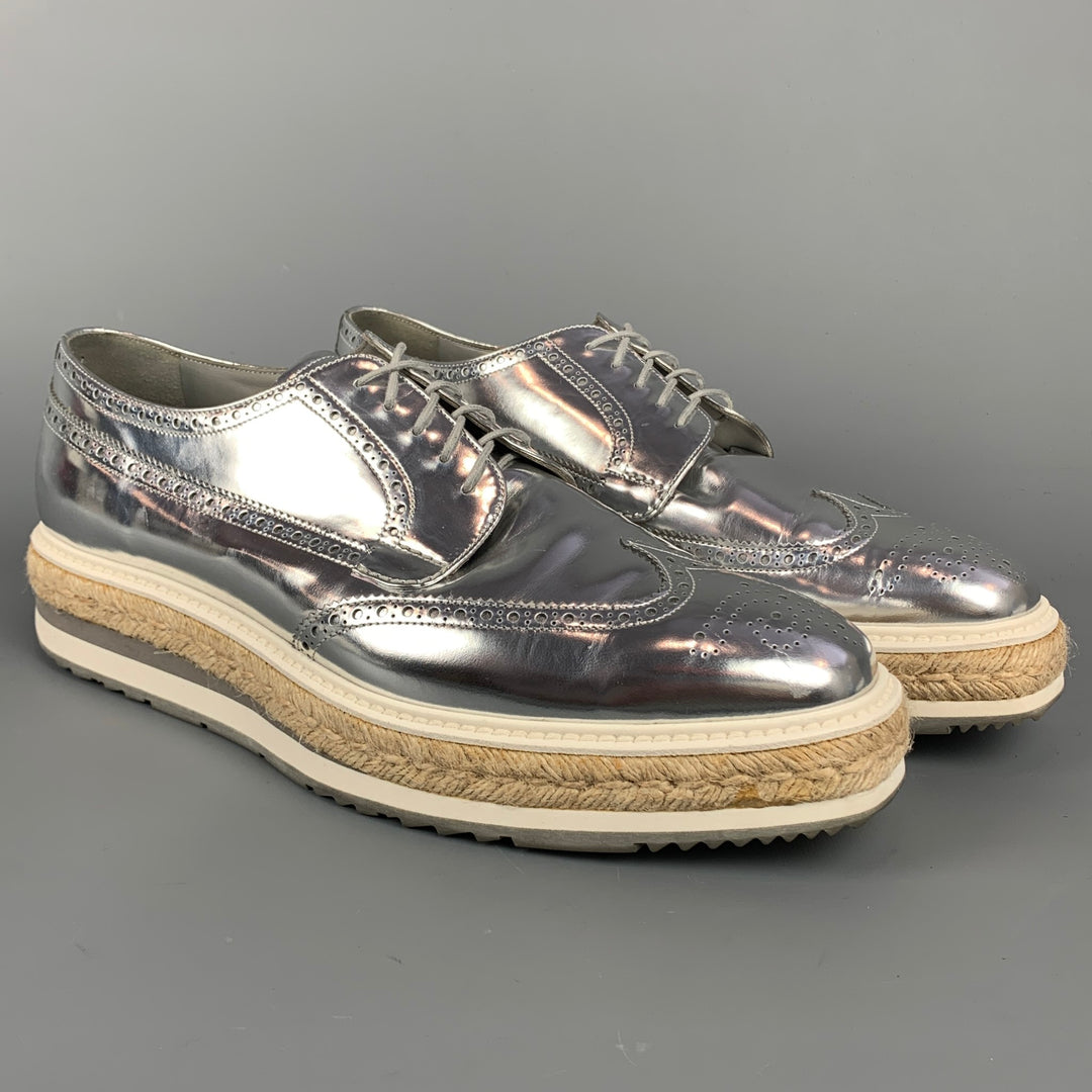 PRADA Size 12 Silver Metallic Leather Platform Lace Up Shoes