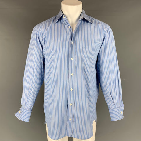 VAN LAACK Talla M Camisa de manga larga con puño francés de algodón a rayas azules