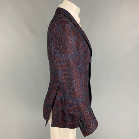 TAGLIATORE Size 38 Navy Burgundy Linen Cotton Notch Lapel Sport Coat
