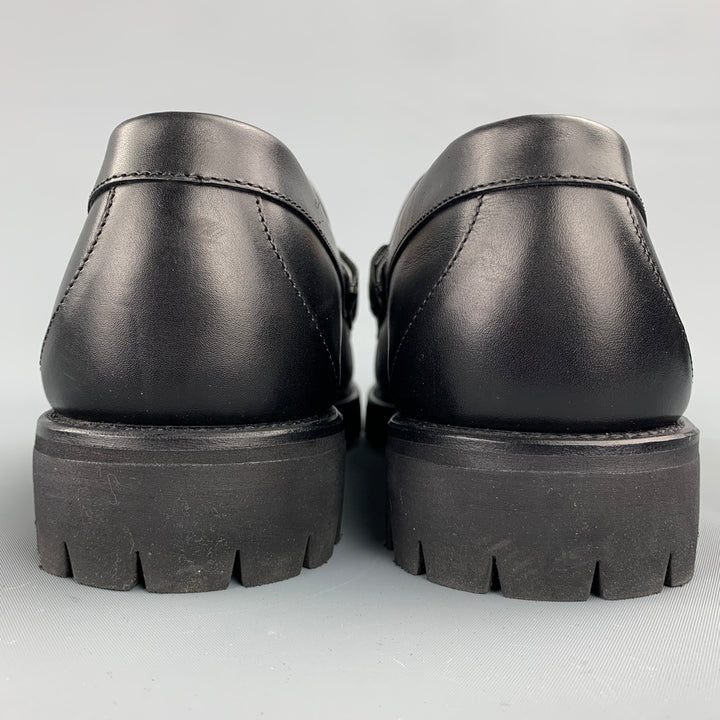 GUCCI Size 10 Black Leather Web Horsebit Lug Sole Loafers