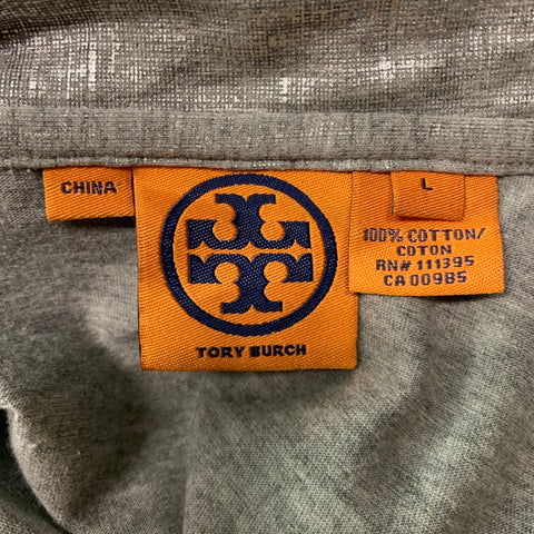 TORY BURCH Size L Silver Cotton Metallic Short Sleeve Casual Top