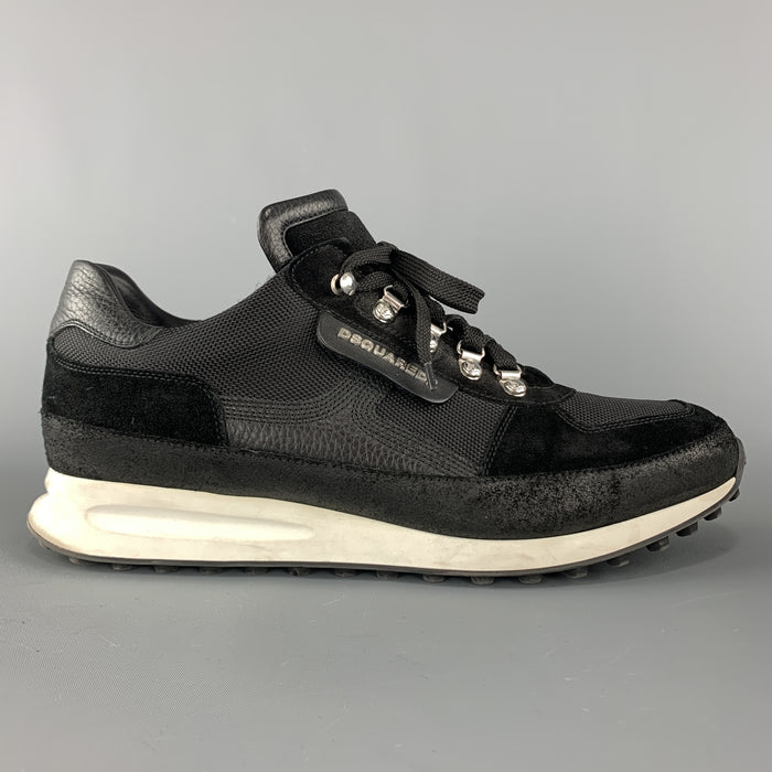 DSQUARED2 Talla 12 Zapatillas con gancho de esquí de lona y cuero en blanco y negro