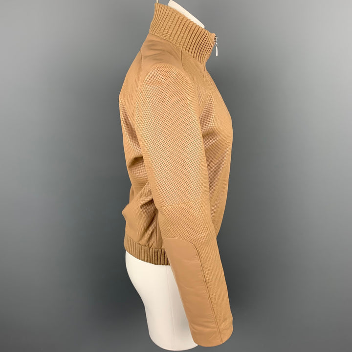 ESCADA Size 4 Beige Perforated Leather Bomber Jacket