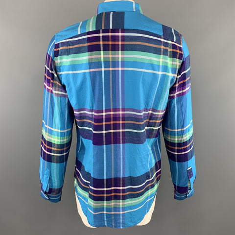 PAUL SMITH Size XL Plaid Aqua Cotton Button Up Pointed Collar Long Sleeve Shirt